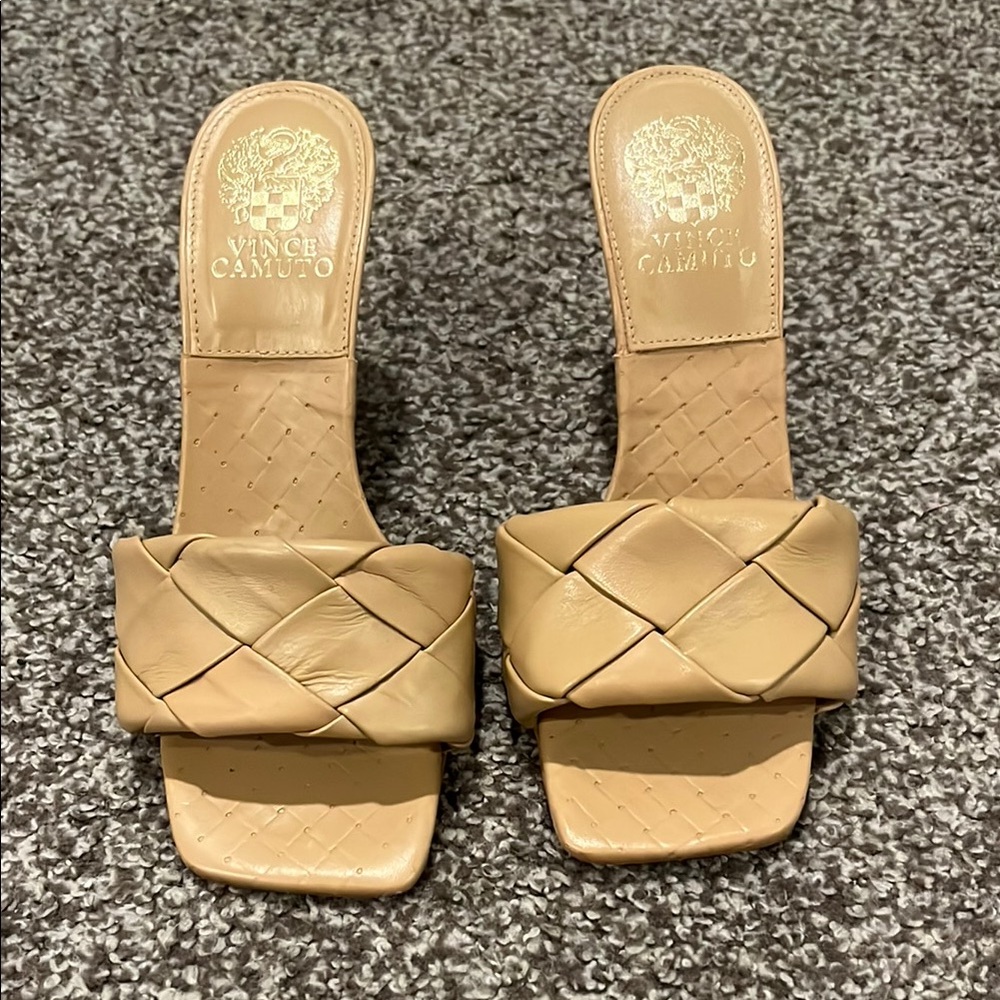 Vince Camuto Tan Woven Slide Heels